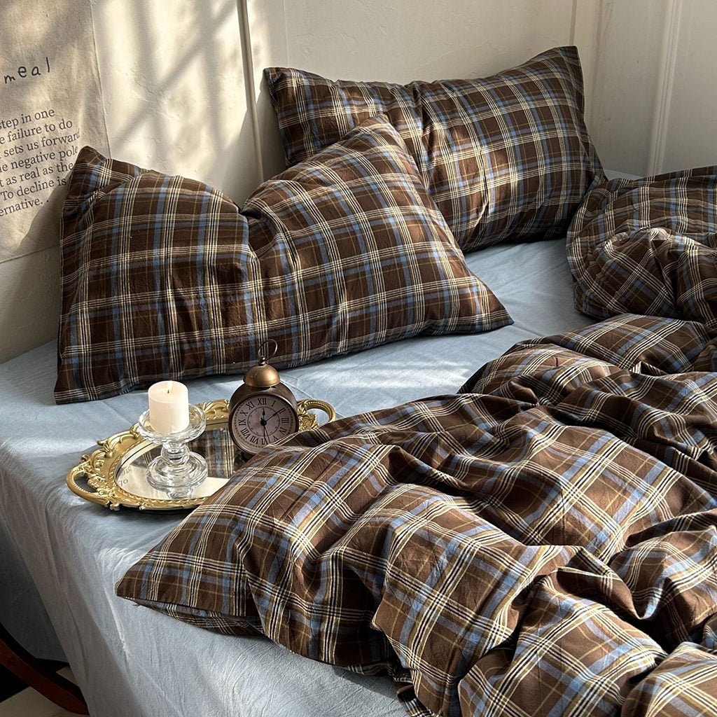 Brown plaid cotton duvet cover set product view 4