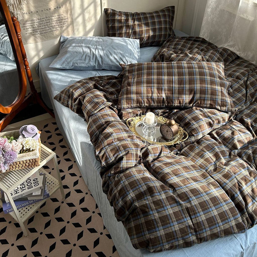 Brown plaid cotton duvet cover set product view 5
