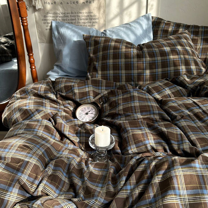Brown plaid cotton duvet cover set product view 6