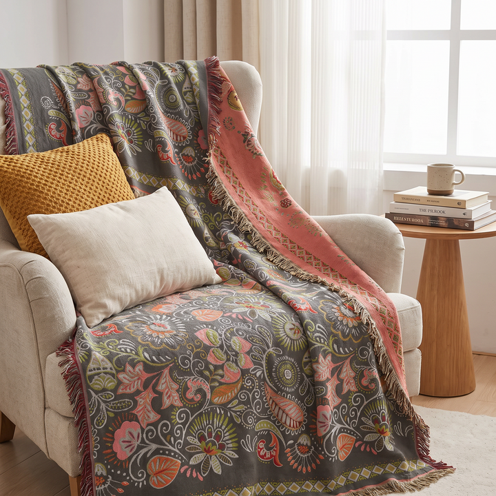 Reversible Tasseled Cotton Gauze Throw