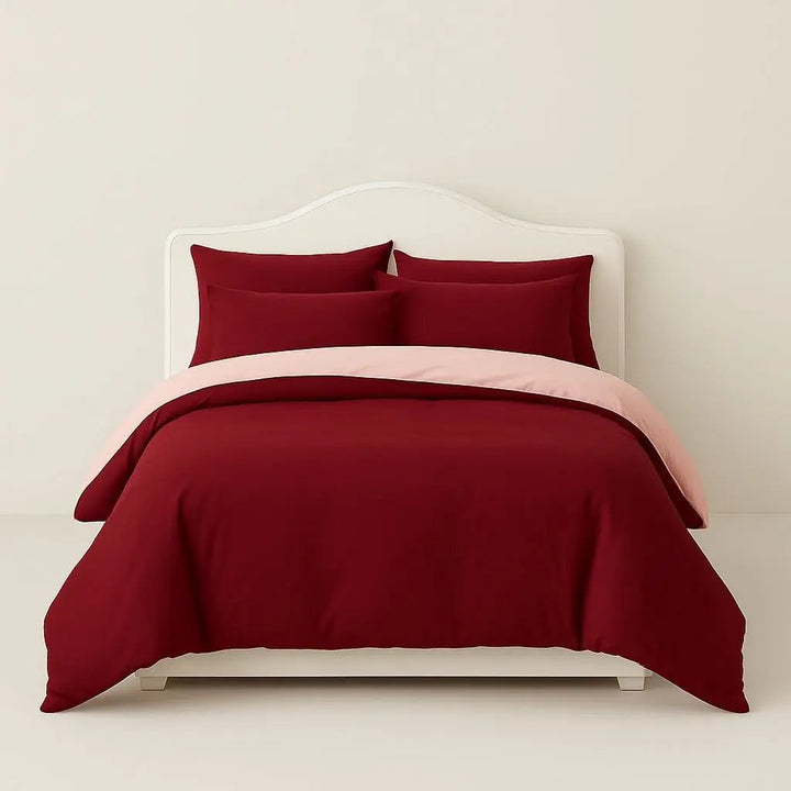 Wine Red Brushed Polyester Bedding Set on bed front view