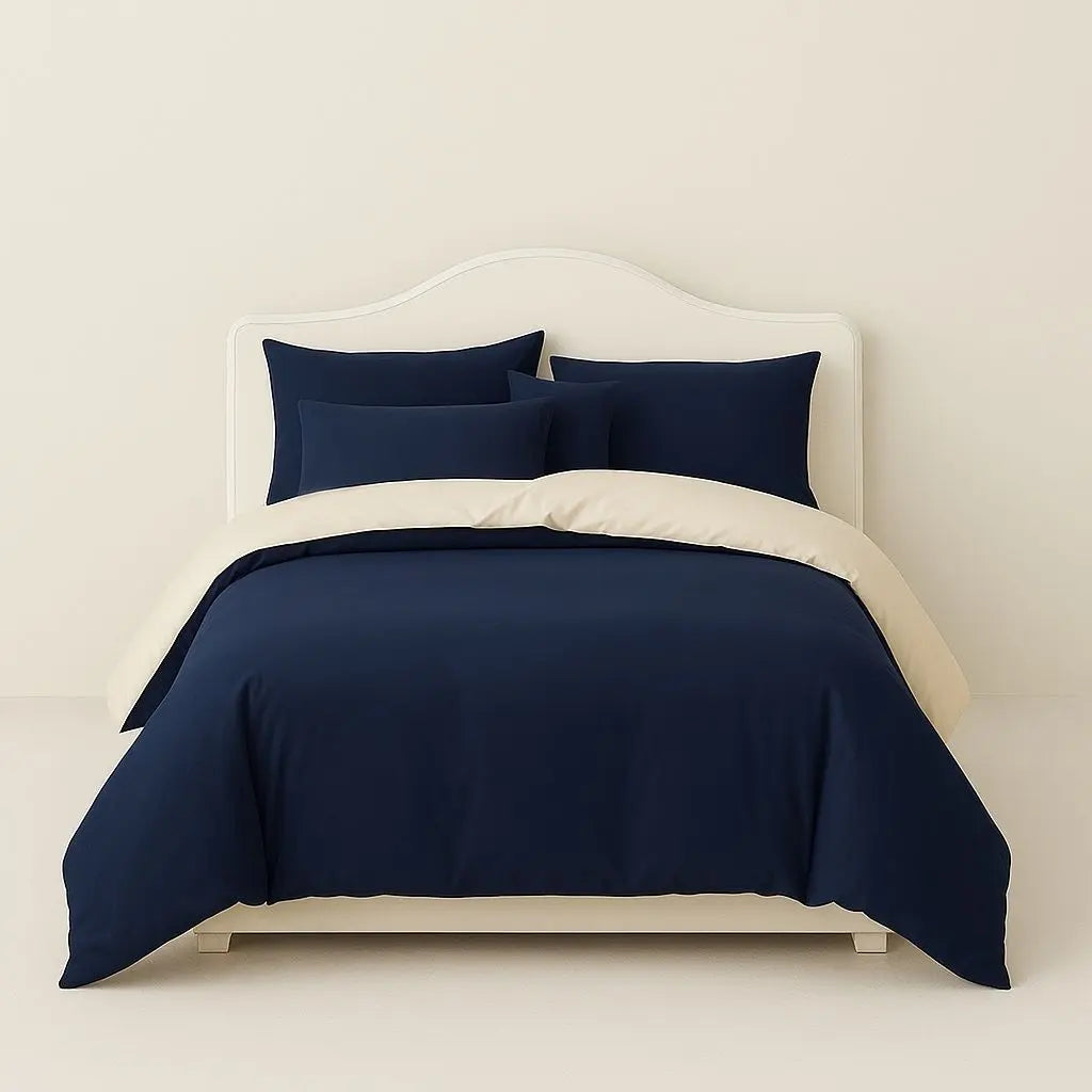 Navy Blue Brushed Polyester Bedding Set on bed front view