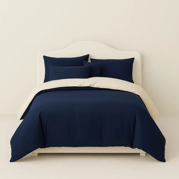 Navy Blue Brushed Polyester Bedding Set on bed front view
