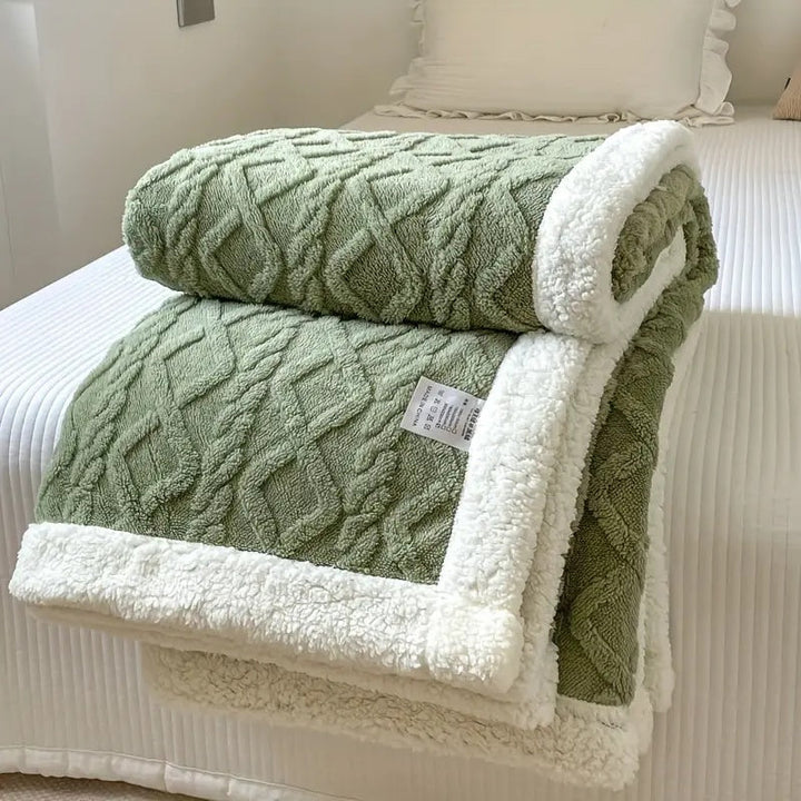 Matcha Brushed Sherpa Fleece Throw rolled to show both faces