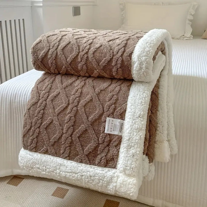 Espresso Brushed Sherpa Fleece Throw rolled to show both faces