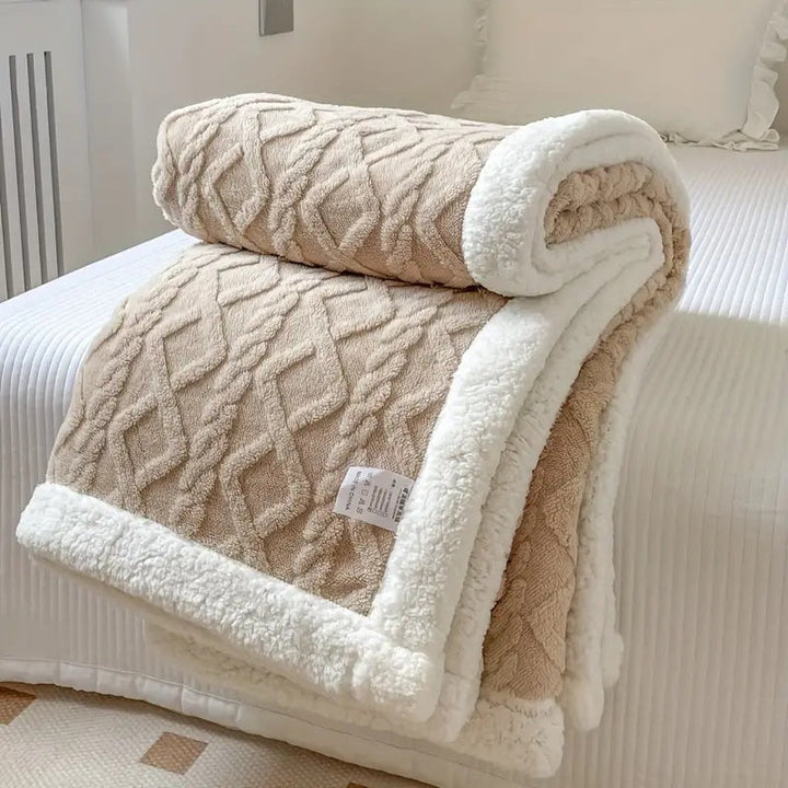 Latte Brushed Sherpa Fleece Throw rolled to show both faces