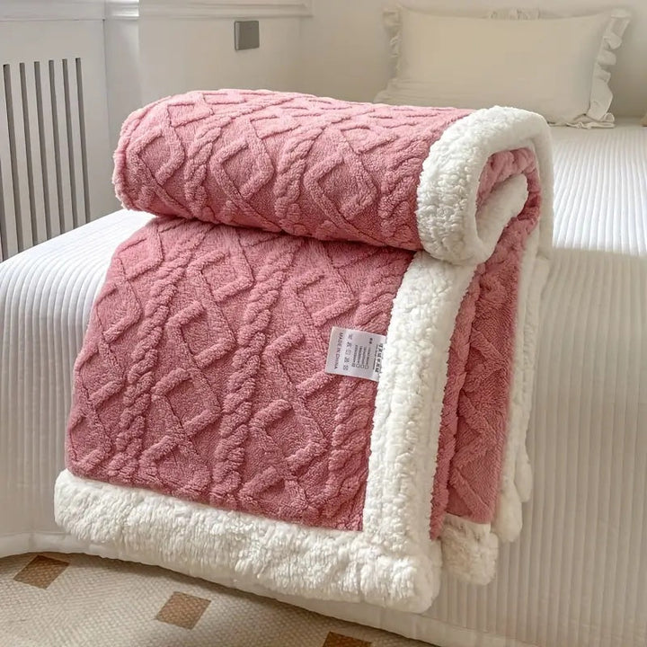 Blush Pink Brushed Sherpa Fleece Throw rolled to show both faces