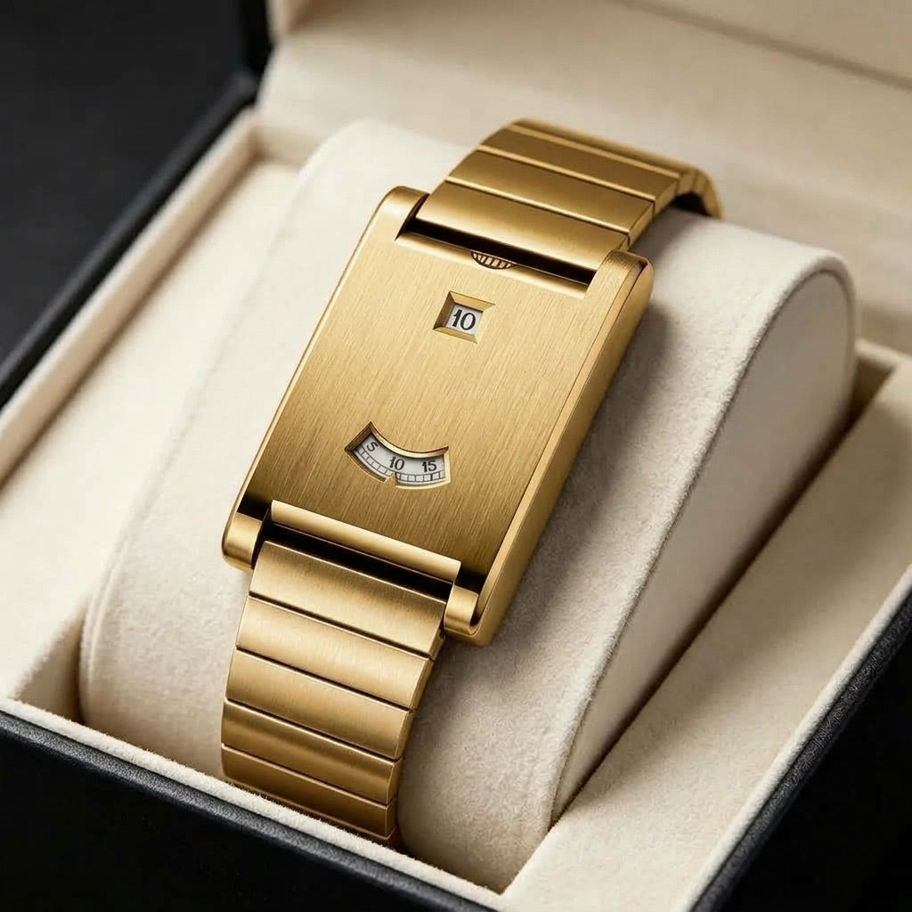 Gold Brushed Steel Two-Window Watch in presentation box