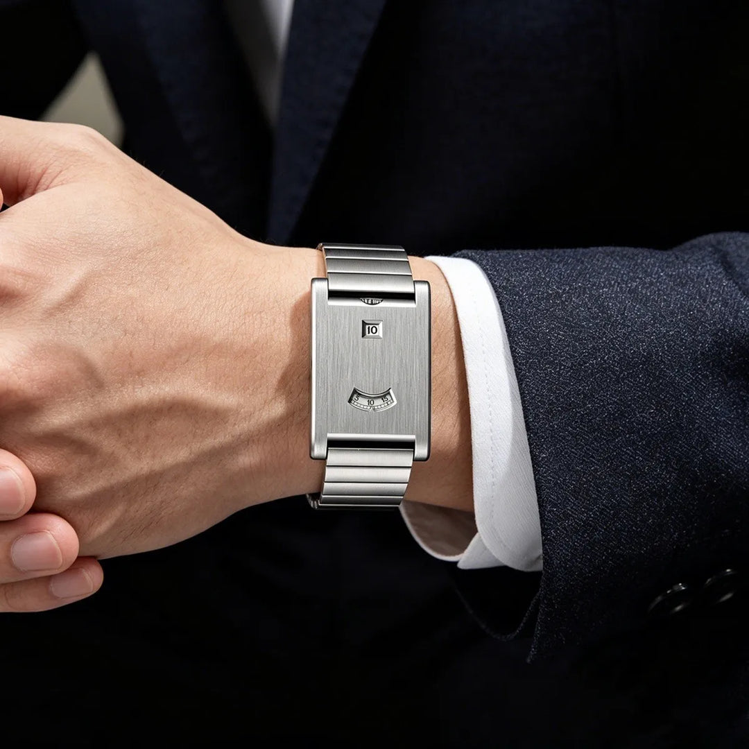 Silver Brushed Steel Two-Window Watch worn on wrist