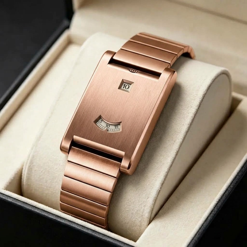 Rose Gold Brushed Steel Two-Window Watch in presentation box