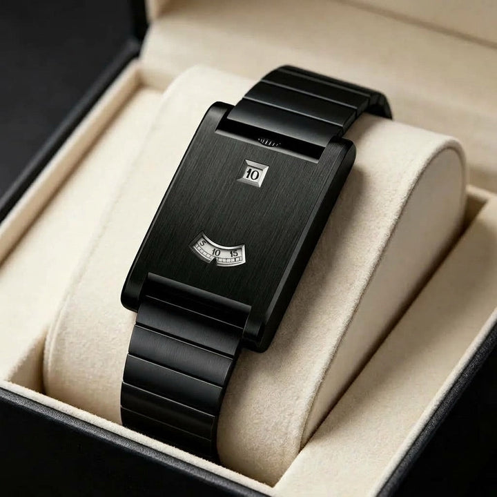 Black Brushed Steel Two-Window Watch in presentation box