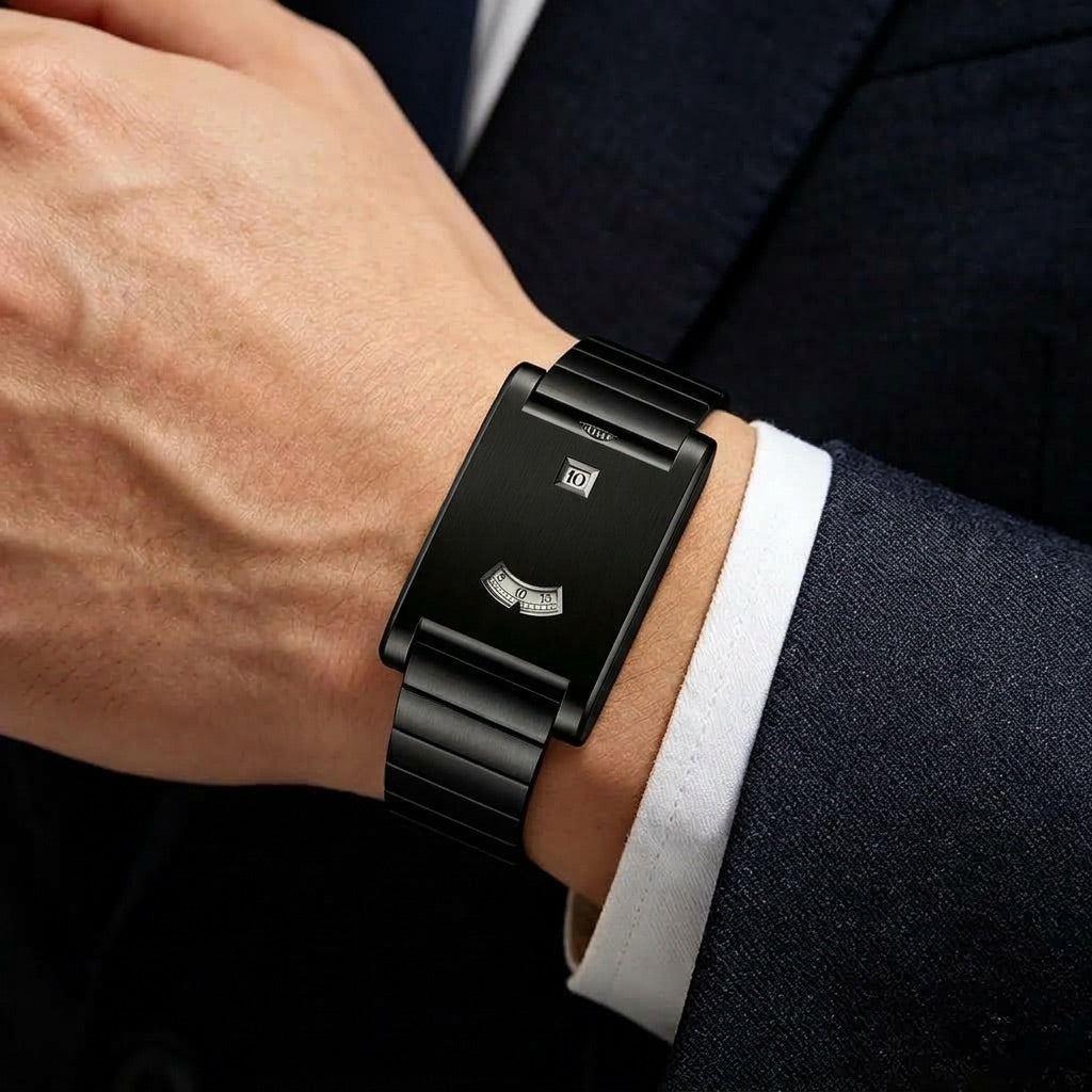 Black Brushed Steel Two-Window Watch worn on wrist