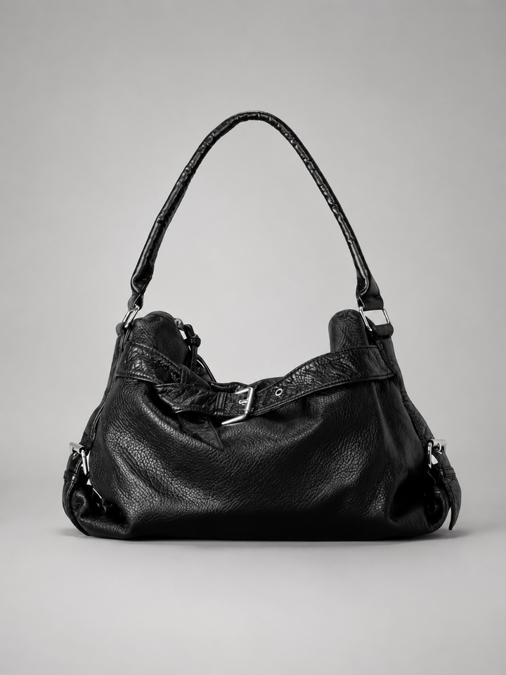 Black Buckle-Strap Vegan Leather Hobo Bag front view