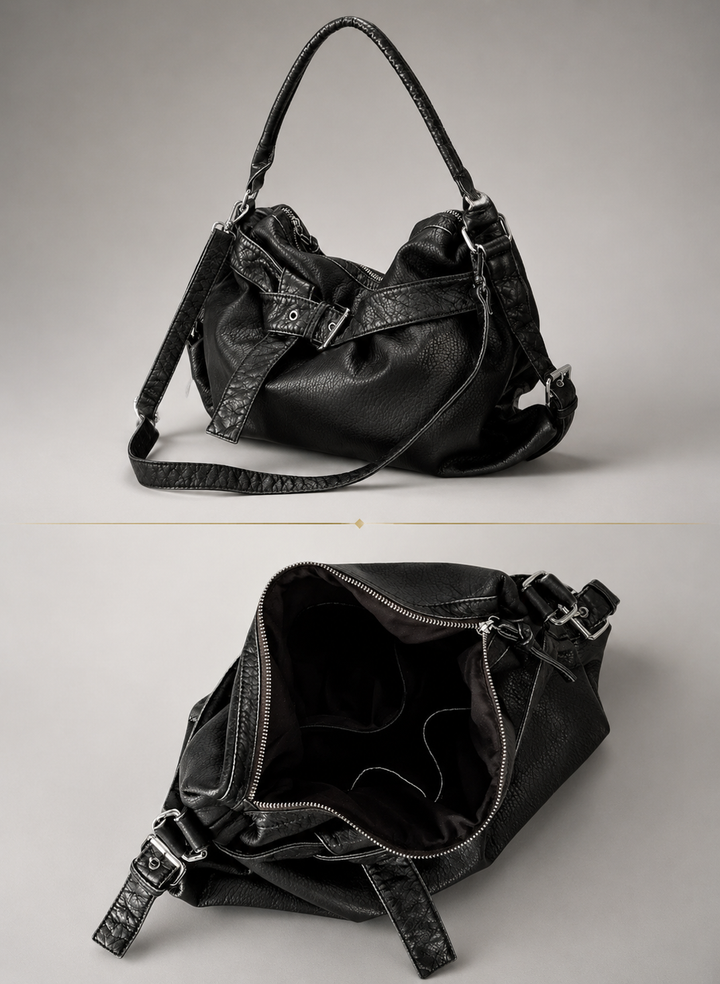 Black Buckle-Strap Vegan Leather Hobo Bag side and open interior views