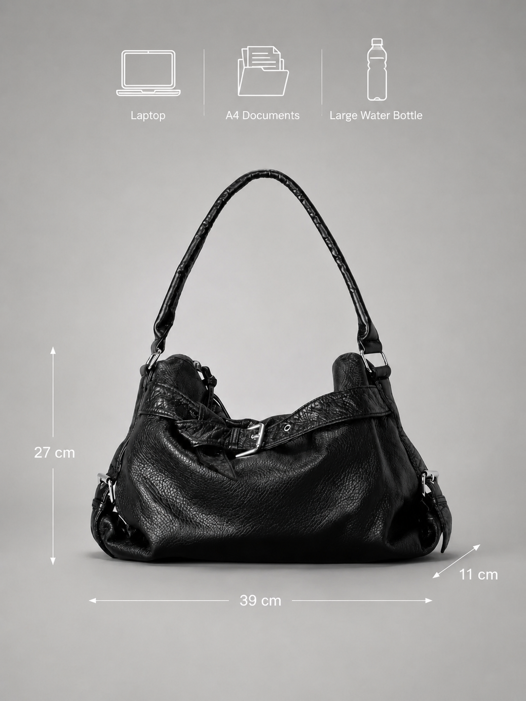 Black Buckle-Strap Vegan Leather Hobo Bag dimensions