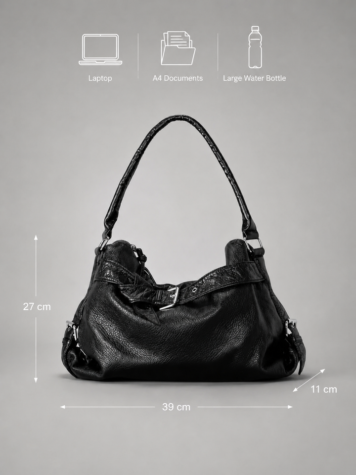 Black Buckle-Strap Vegan Leather Hobo Bag dimensions