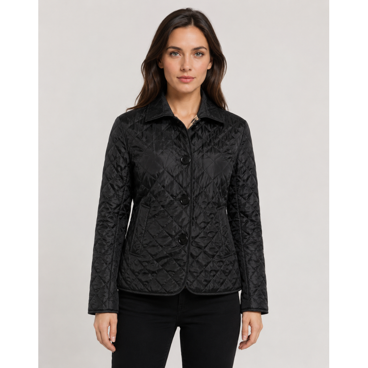 Black Button-Front Quilted Jacket worn front view