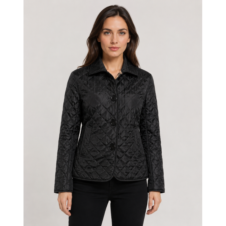 Black Button-Front Quilted Jacket worn front view