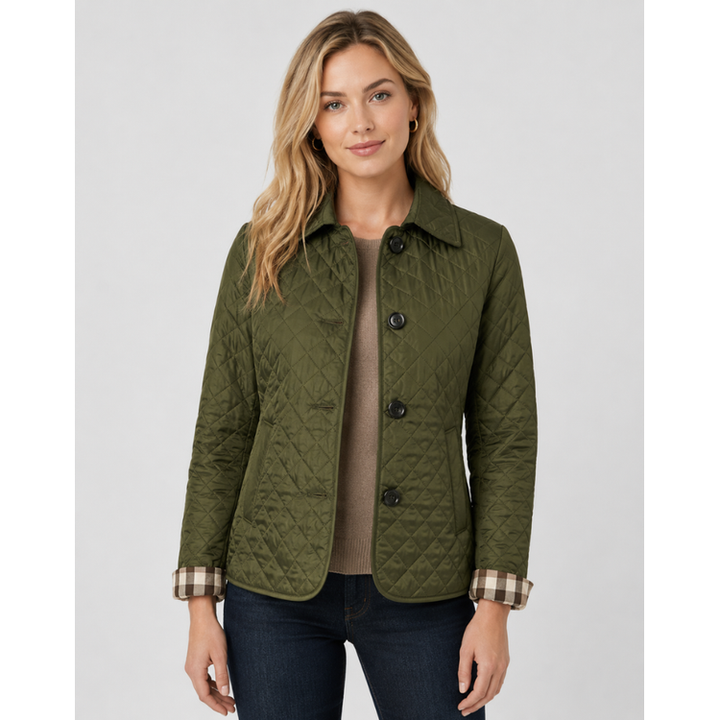 Button-Front Quilted Jacket worn front view in green