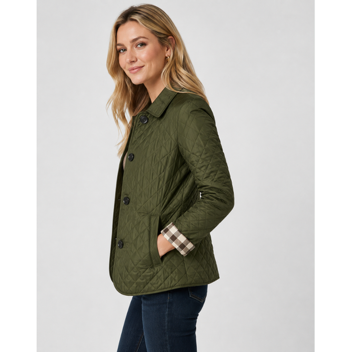 Button-Front Quilted Jacket side view in green
