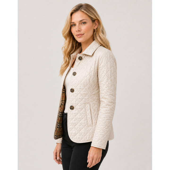 Button-Front Quilted Jacket worn front view
