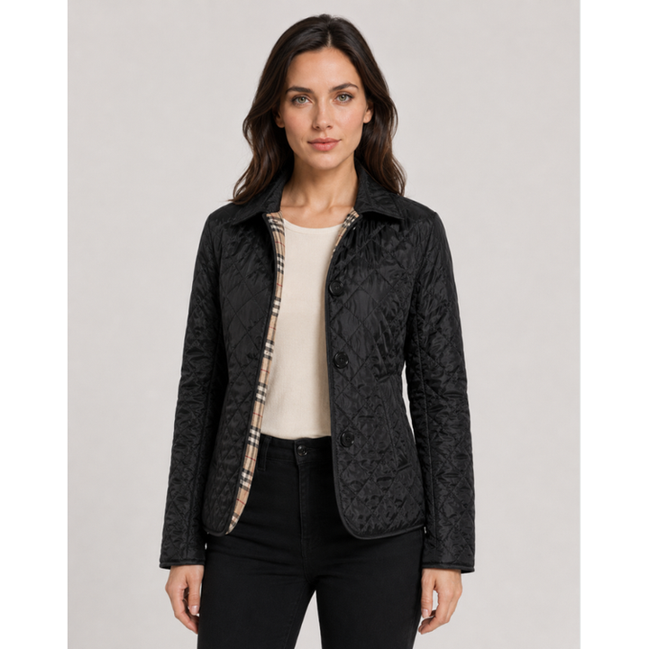 Black Button-Front Quilted Jacket worn open front