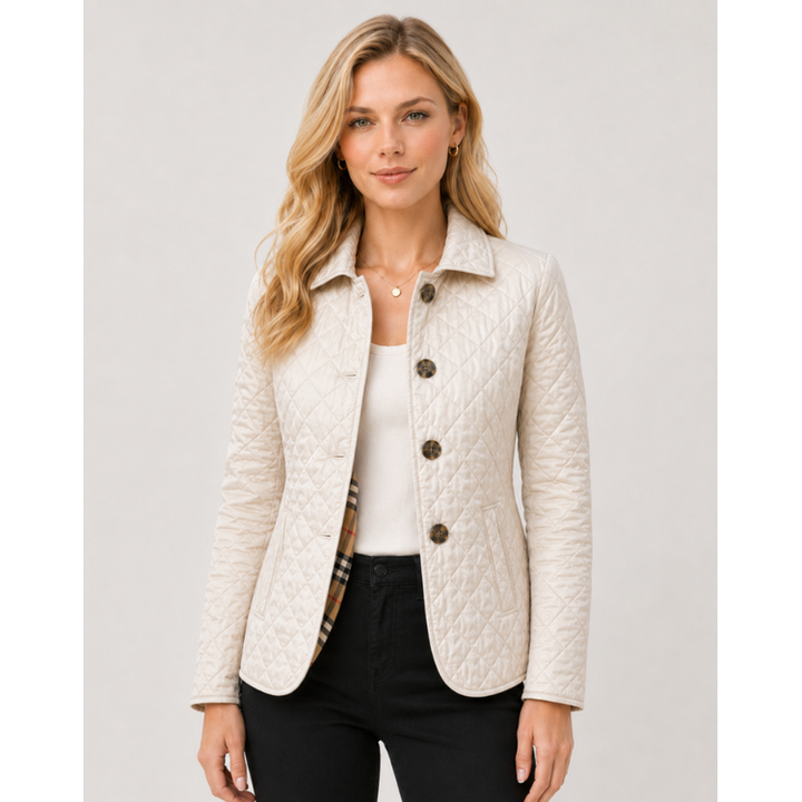 White Button-Front Quilted Jacket worn front view