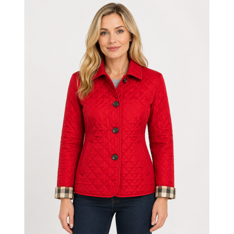 Red Button-Front Quilted Jacket worn front view