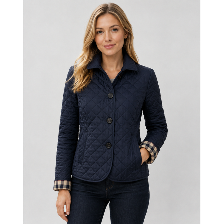 Blue Button-Front Quilted Jacket worn front view