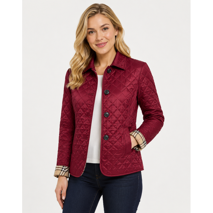 Dark Red Button-Front Quilted Jacket worn front view