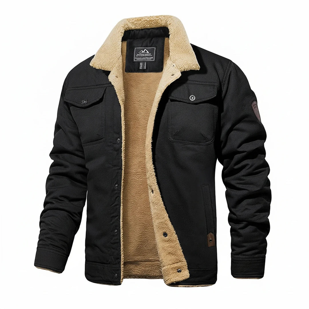 Black Button-Front Trucker Jacket with Sherpa Collar front view