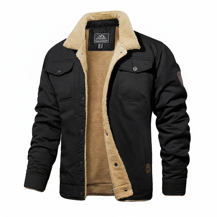 Black Button-Front Trucker Jacket with Sherpa Collar front view