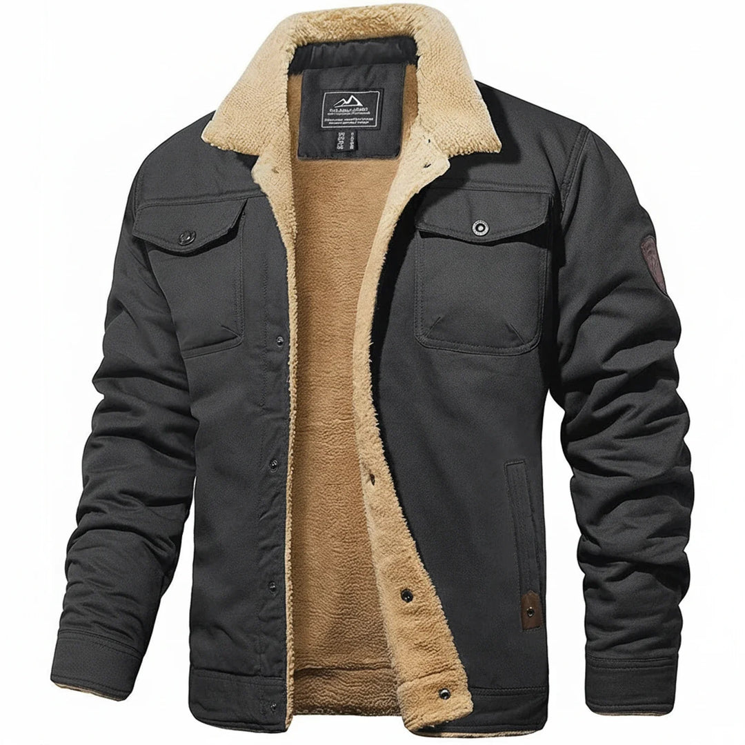Dark Grey Button-Front Trucker Jacket with Sherpa Collar front view