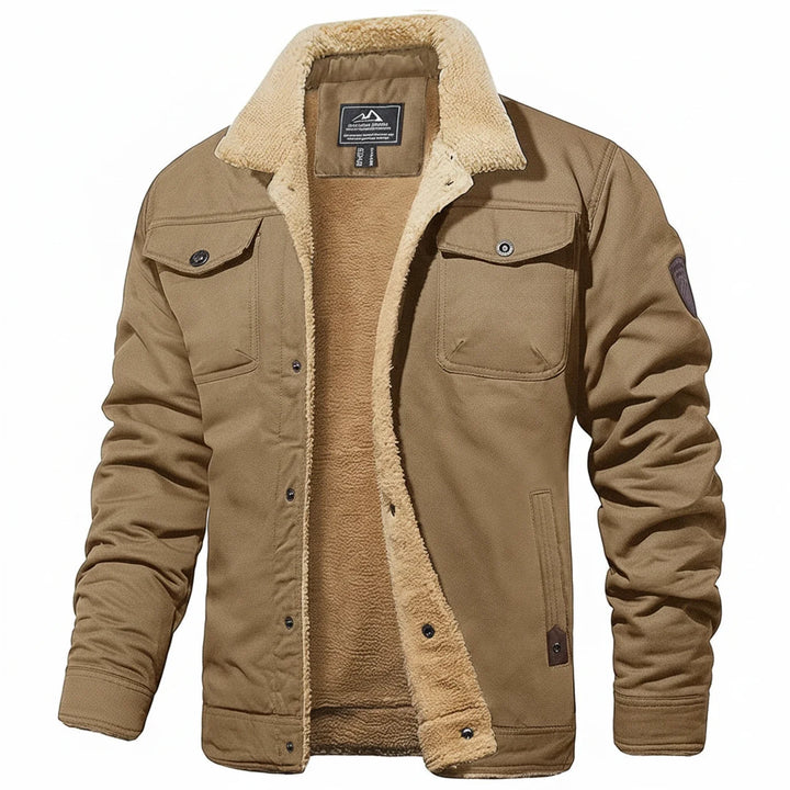 Khaki Button-Front Trucker Jacket with Sherpa Collar front view