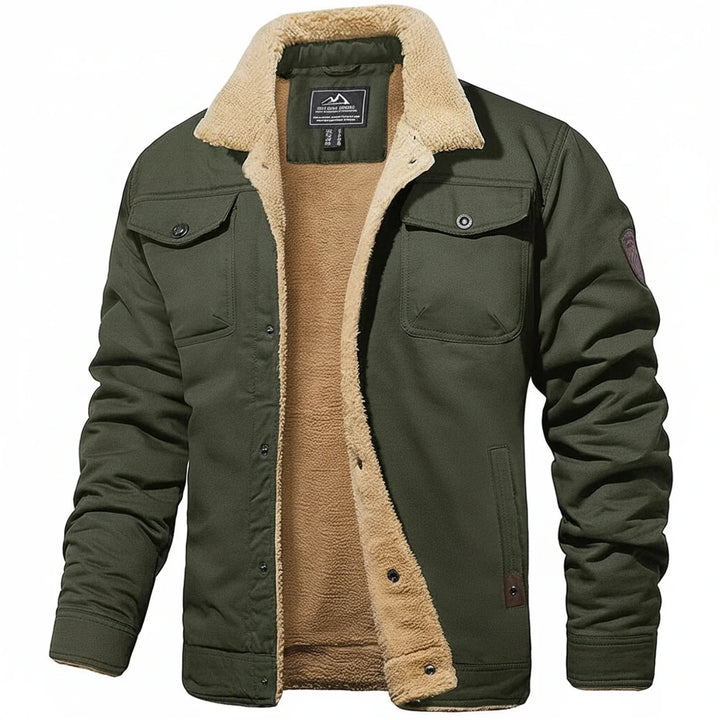 Army Green Button-Front Trucker Jacket with Sherpa Collar front view
