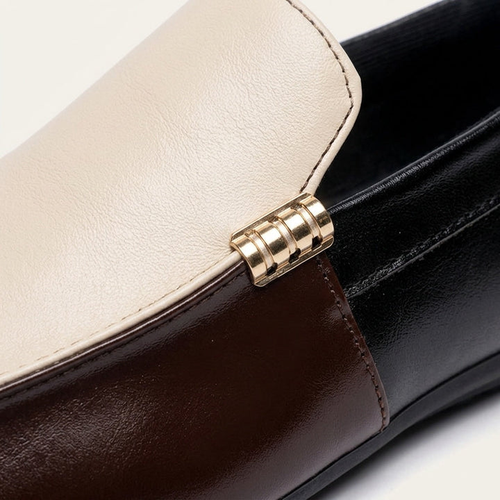 Two-tone vegan leather loafers gold buckle detail