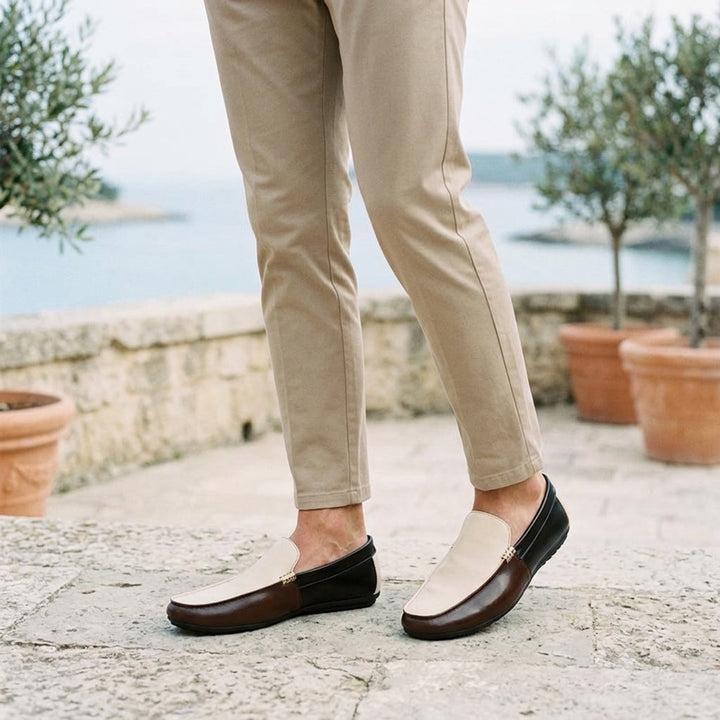 Two-tone vegan leather loafers heel view