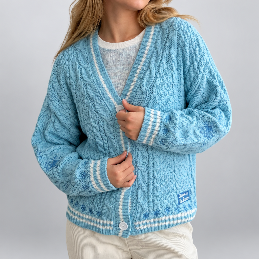 Sky Blue Cable Knit Cardigan worn front view