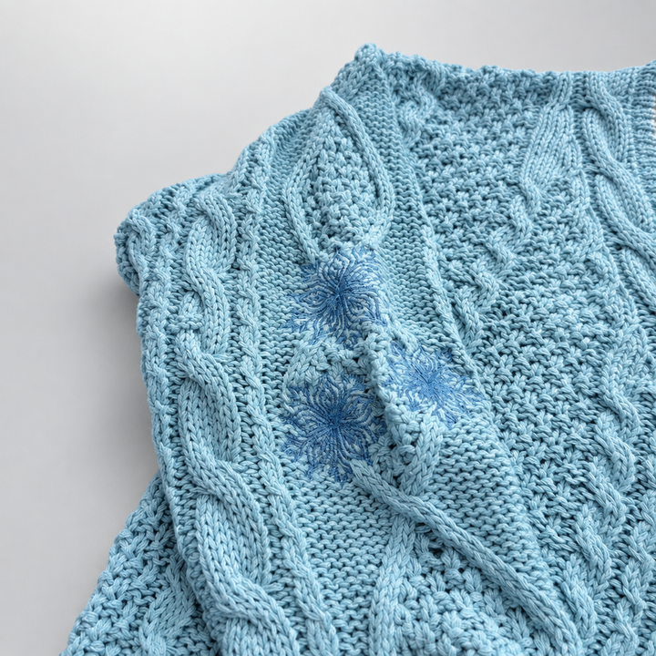 Sky Blue Cable Knit Cardigan snowflake embroidery detail