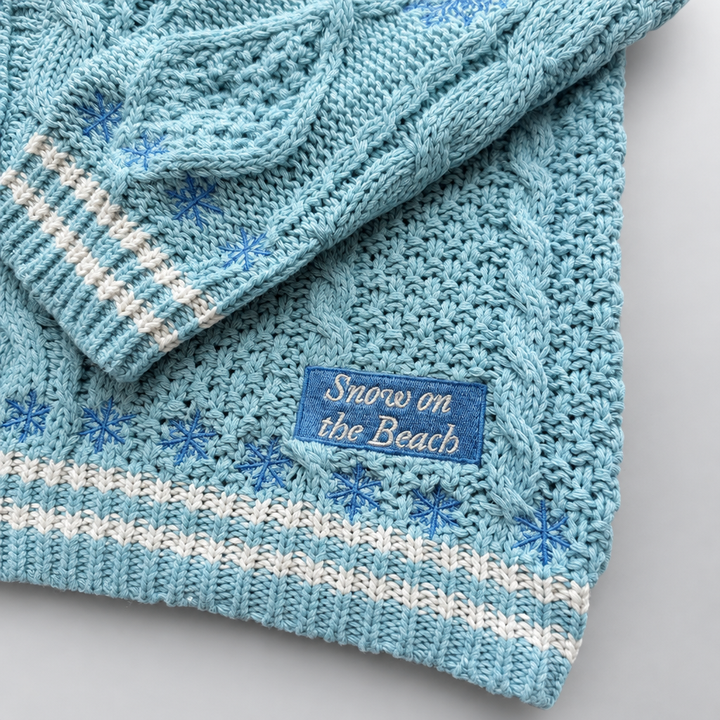 Sky Blue Cable Knit Cardigan hem and striped trim detail