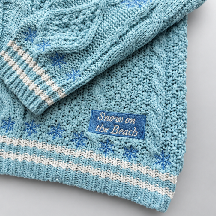 Sky Blue Cable Knit Cardigan hem and striped trim detail