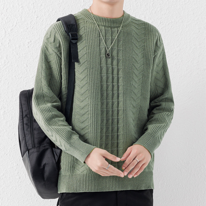 Green Cable-Knit Crewneck Sweater front view