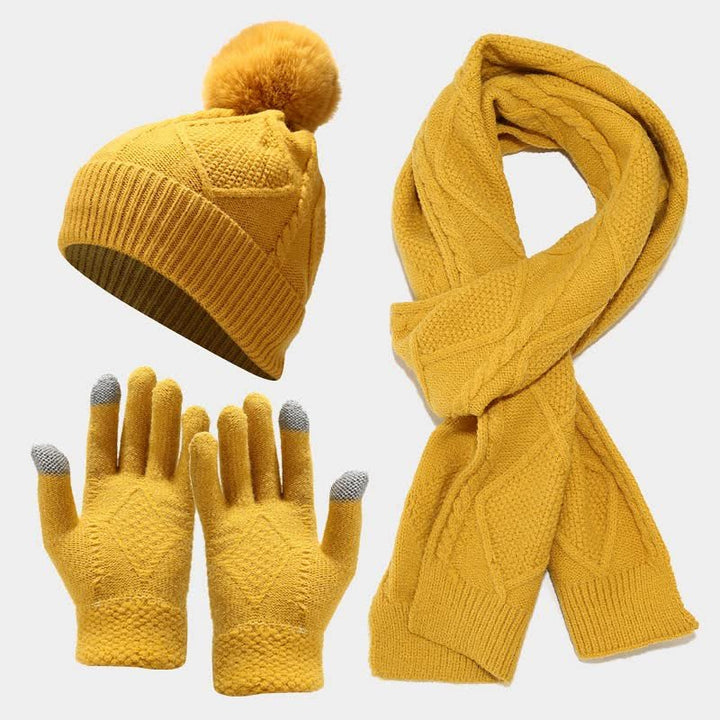 Yellow Cable Knit Hat, Scarf and Glove Set flat lay