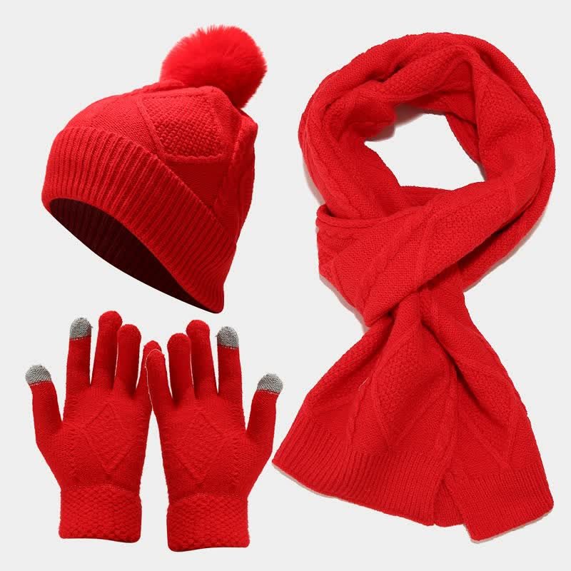 Red Cable Knit Hat, Scarf and Glove Set flat lay