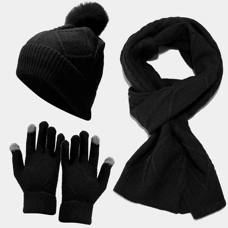 Black Cable Knit Hat, Scarf and Glove Set flat lay