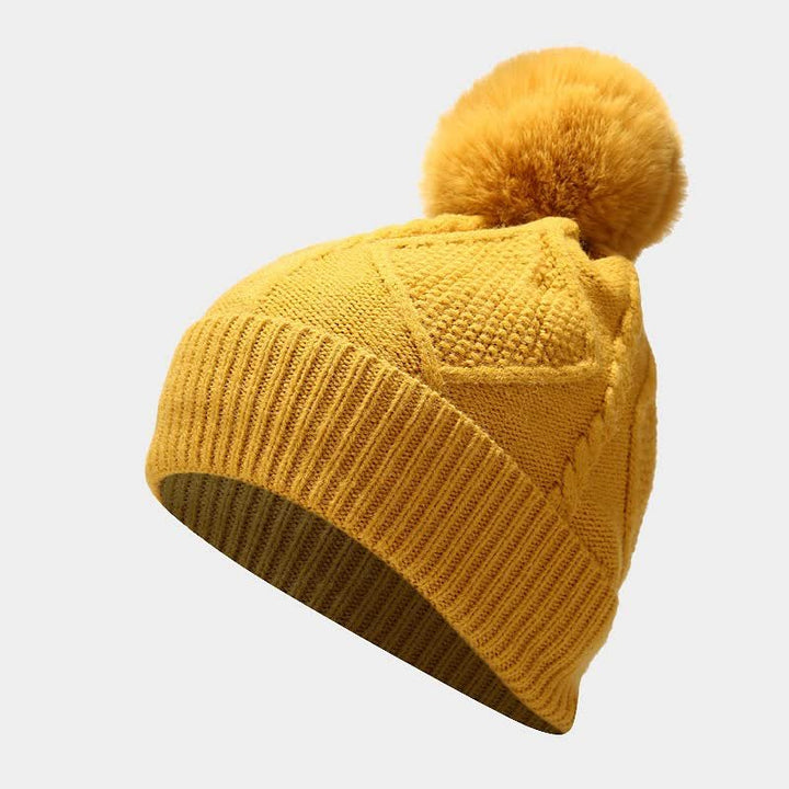 Yellow Cable Knit Pom-Pom Hat side view