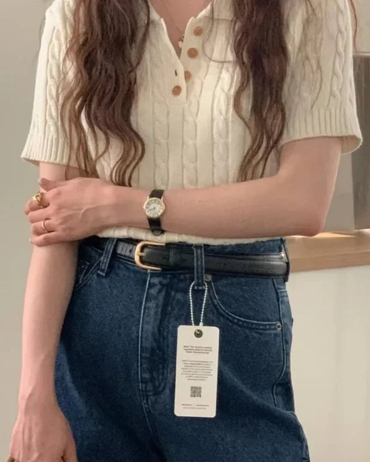 Beige Cable-Knit Polo Shirt on-model front view