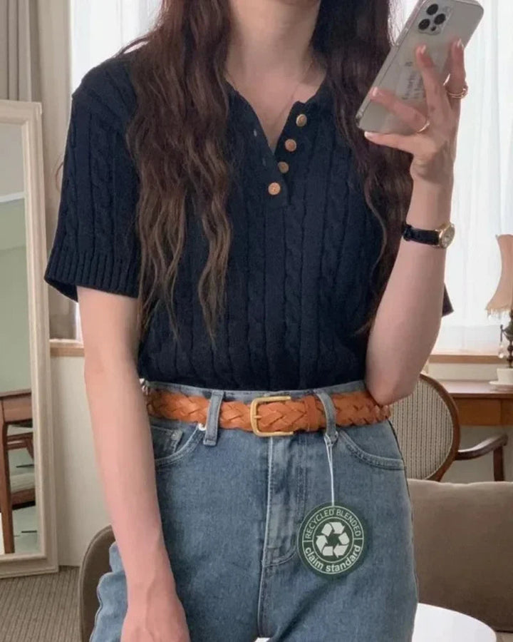 Black Cable-Knit Polo Shirt on-model front view