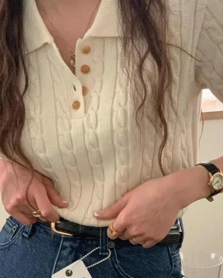 Beige Cable-Knit Polo Shirt button placket detail