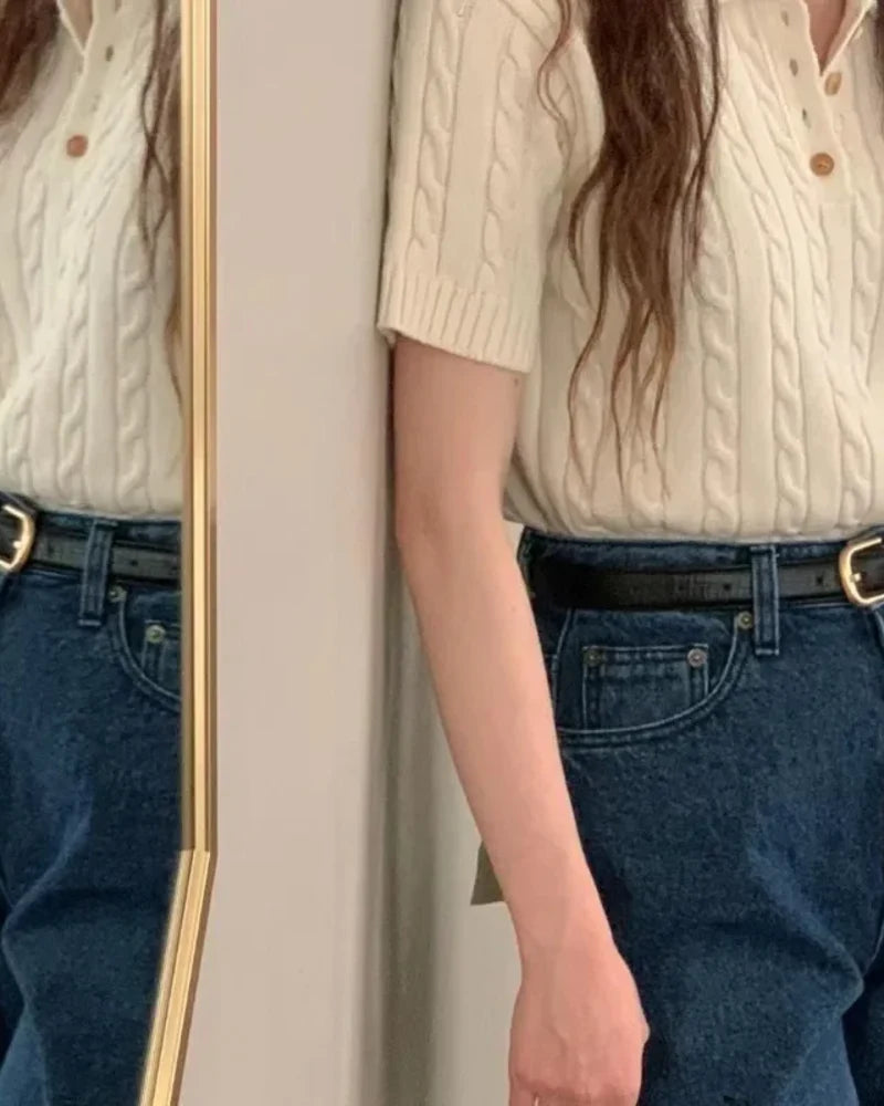 Beige Cable-Knit Polo Shirt on-model mirror view
